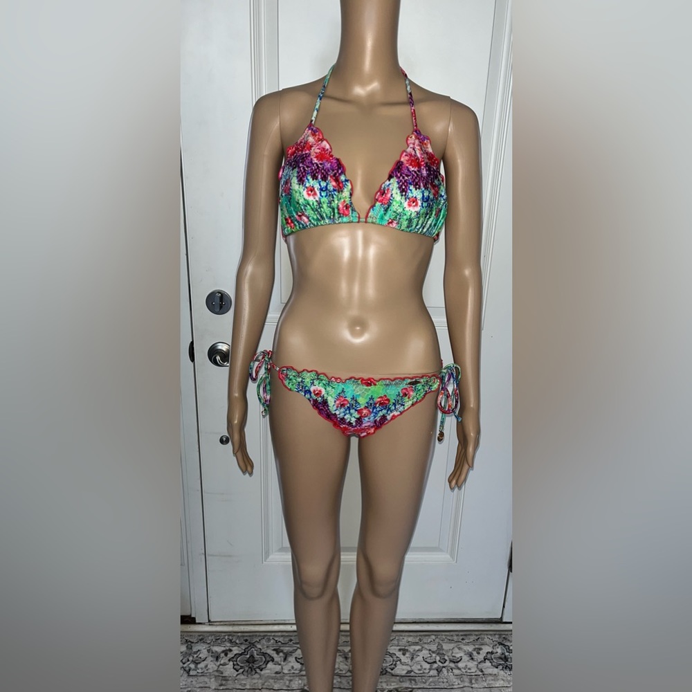 Luli Fama Floral Diamond Embellished Triangle Top Bikini
